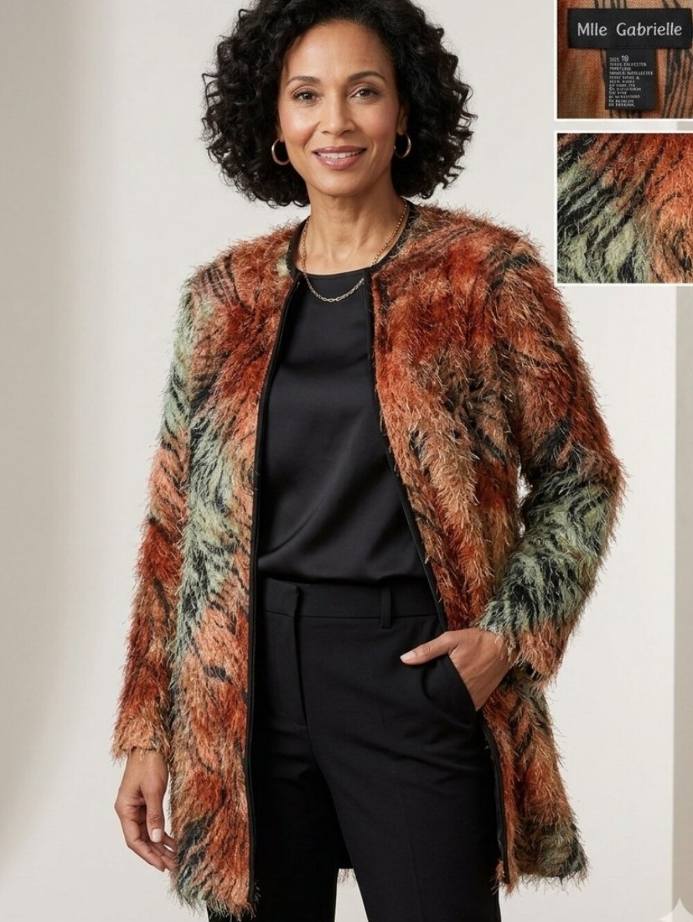 Mlle Gabrielle Tiger Giraffe Jungle Print Eyelash Knit Jacket Coat Size 16